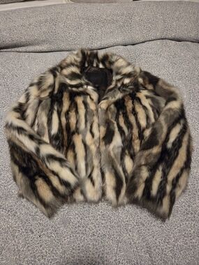 Zara Faux Fur Striped Cropped Jacket in Mixed Neutrals